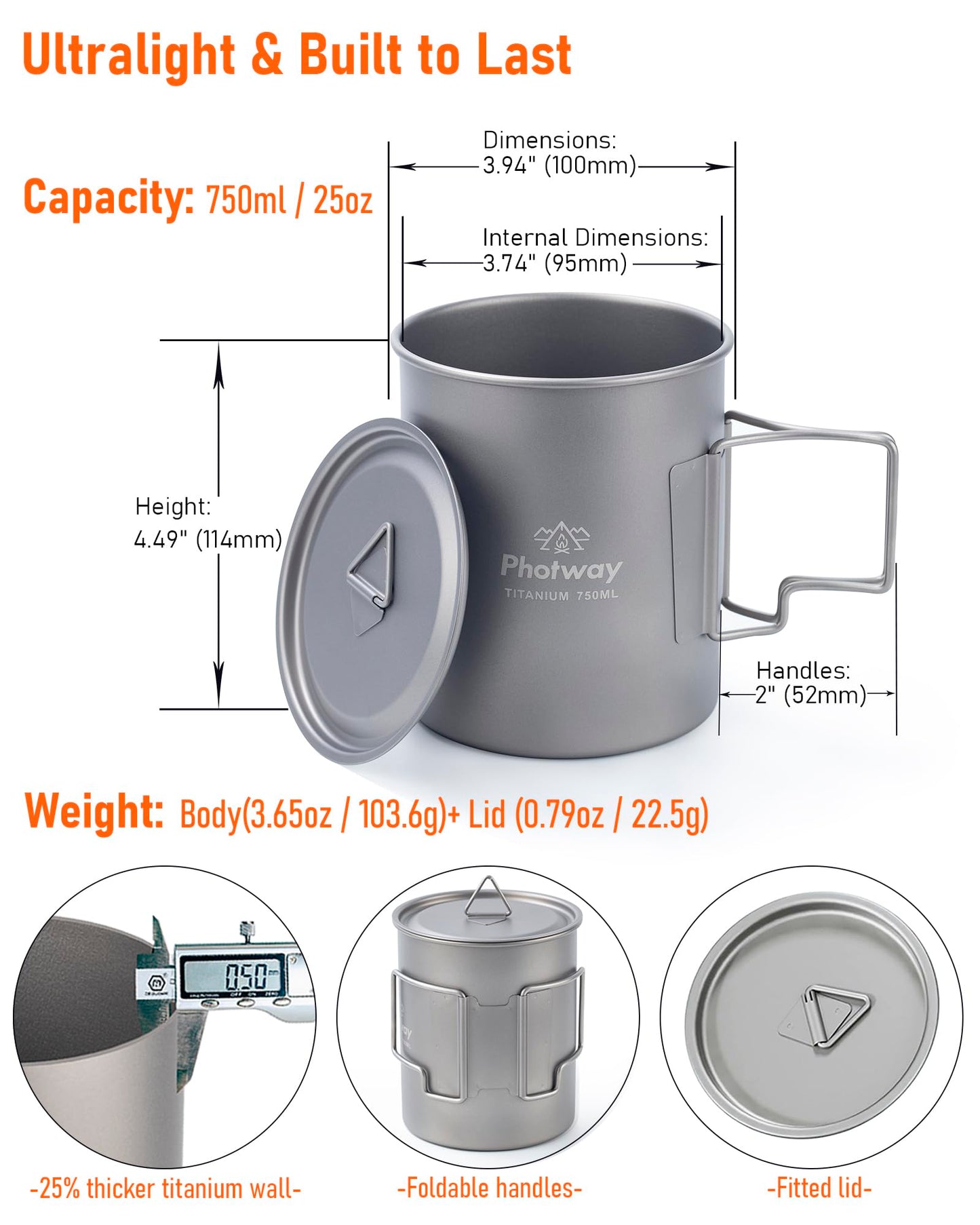 25oz (750ml) Titanium Camping Pot, Ultralight Backpacking Cookware & Campfire Mug for Hiking