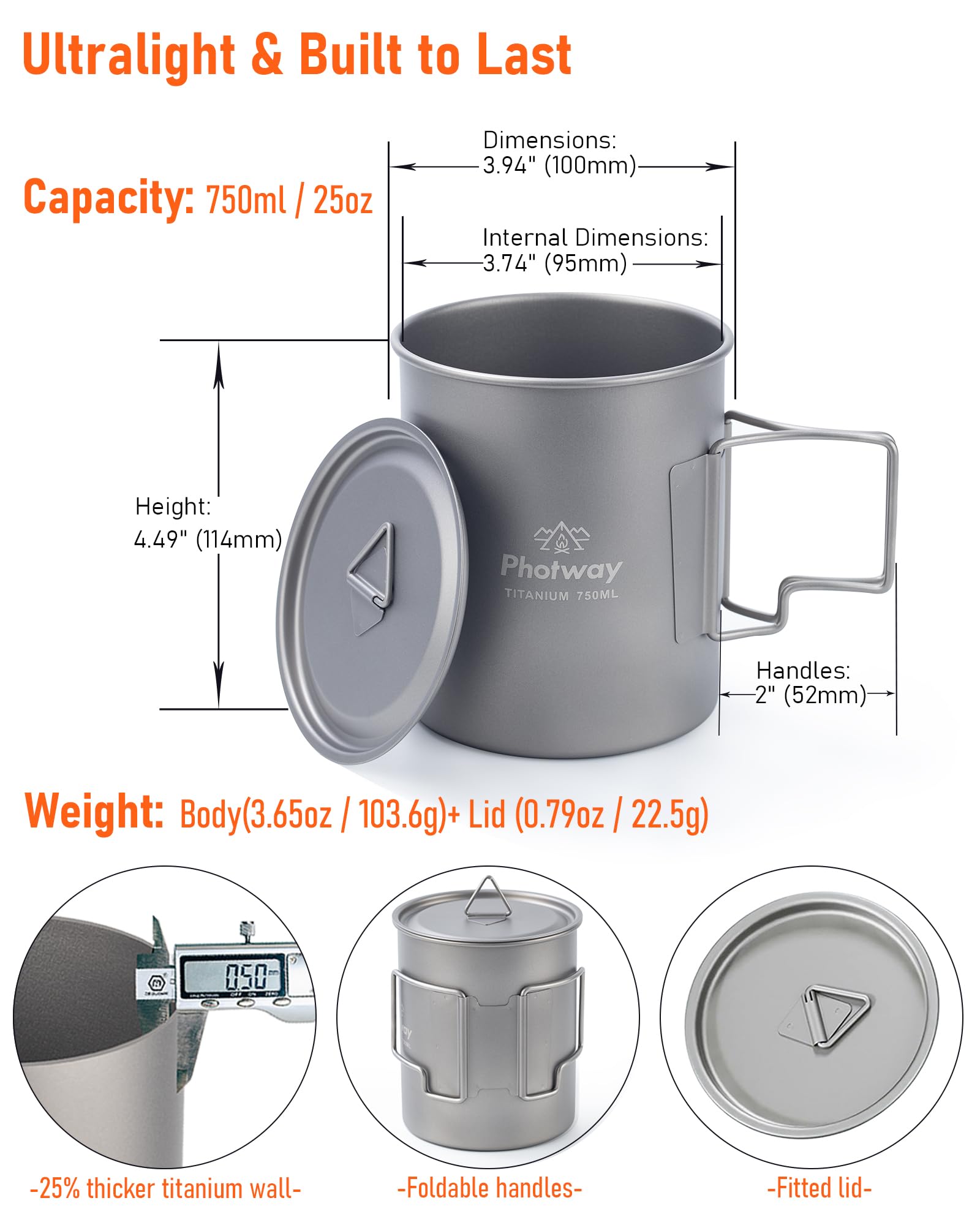 25oz (750ml) Titanium Camping Pot, Ultralight Backpacking Cookware & Campfire Mug for Hiking