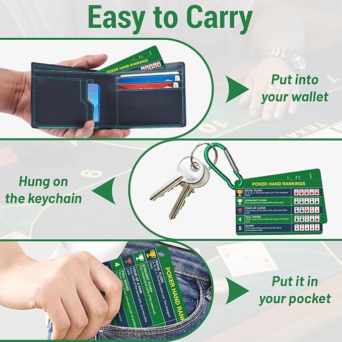 4-Pack (8 Cards) Poker Hand Rankings Cards Set with Magnifier & Clip, Texas Hold'em Cheat Sheet & Rules Guide, Sturdy Poker Accessories for Beginners, Pros, Poker Night