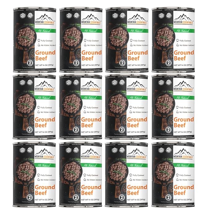 MOUNTAIN ESSENTIALS Ground Beef 14 Oz Fully Cooked Ready to Eat Hamburger Meat Emergency Survival Bulk Food Storage Canned Meat Perfect for Quick Meals 5 Years Shelf Life Made in USA Pack of 12