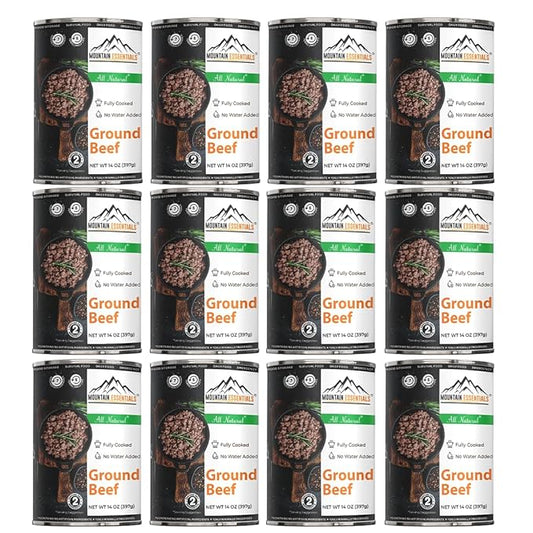 MOUNTAIN ESSENTIALS Ground Beef 14 Oz Fully Cooked Ready to Eat Hamburger Meat Emergency Survival Bulk Food Storage Canned Meat Perfect for Quick Meals 5 Years Shelf Life Made in USA Pack of 12