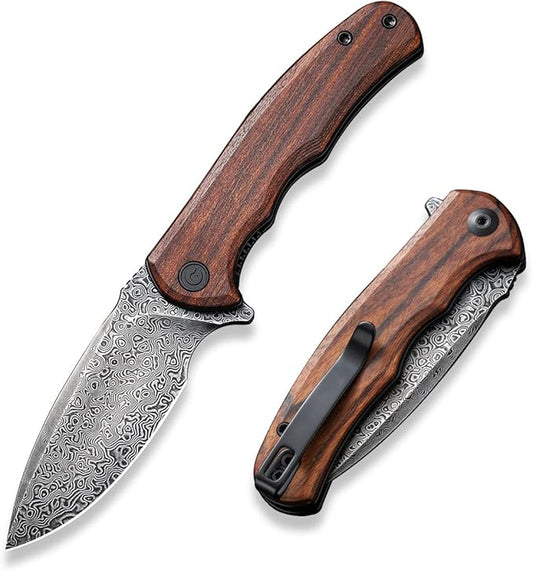 CIVIVI Folding Pocket Knife for EDC, Small Mini Praxis Knife for Men Women, 2.98" Damascus Blade Guibourtia Wood Handle, Sharp Camping Hiking Knives C18026C-DS1