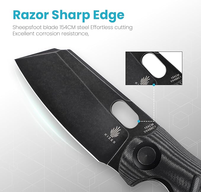 Kizer C01C Sheepdog Pocket Knife, 3.31" 154CM Blade EDC Camping Folding Knife with Black Micarta Handle, Small Survival Knives for Men Women, Hunting Knives with Liner Lock & Thumb Hole, V4488C1 ﻿