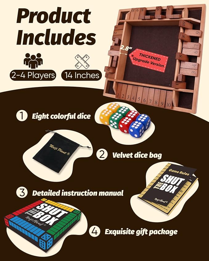 14" Deluxe Shut The Box Game, Math Dice Board Game for Family Night Classroom Travel, Wooden Table for Group Kid Adult Senior, Travel Party Bar, Easy Quick and Fun, 2-4 Players