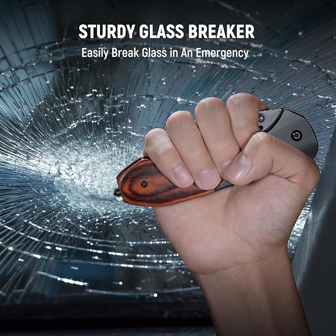 Pocket Knife for Men - 3.46" Sharp Blade Wood Handle Pocket Folding Knives with Clip, Glass Breaker - EDC Knives for Hunting Camping Survival Outdoor Fishing Hiking Women Men, Black