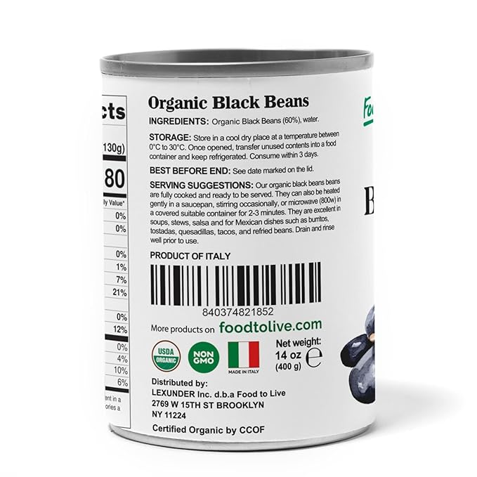 Food to Live Organic Canned Black Beans, 14 oz (Pack of 1) - Unsalted Non-GMO Frijoles Negro. Perfect for Salads, Soups, Stews. Vegan. Made in Italy