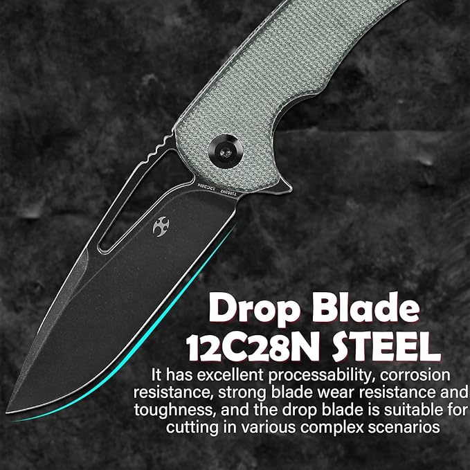 KANSEPT Kryo Pocket Knife 8.08in Folding Knives with 3.58in12C28N Steel Drop Point Blade and Green Micarta Handle for Outdoor, Tactical, Survival and EDC T1001M2