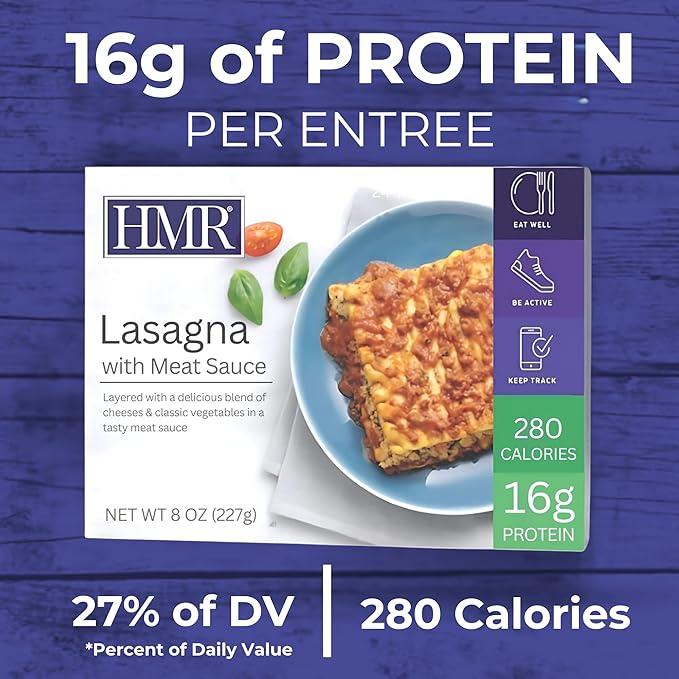 HMR Lasagna with Meat Sauce Entrée | Pre-packaged Lunch or Dinner to Support Weight Loss | Ready to Eat | 16g of Protein | Low Calorie Food | 8oz Serving per Meal | Pack of 6