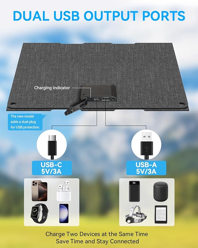 Ecosonique 30W Portable Solar Charger Foldable Solar Panels with USB C USB A Fast Charging Waterproof for Camping Backpacking Compatible with Cell Phone, iPhone, iPad, Samsung Galaxy, LG, Power Banks