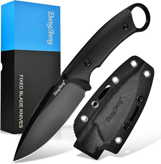 Fixed Blade Knife with Sheath, 3.5??DC53 Steel blade with Black Titanium Coating and G10 Handle Full Tang Outdoor Camping Hiking Survival Knives for Men Women