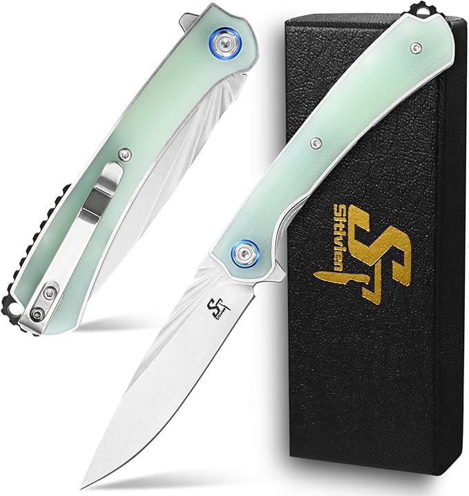 Sitivien ST144 Folding Knife,14C28N Steel Blade,G10 Handle Pocket Knife for Outdoor EDC Camping,Survival,Hiking,Fishing(Jade)