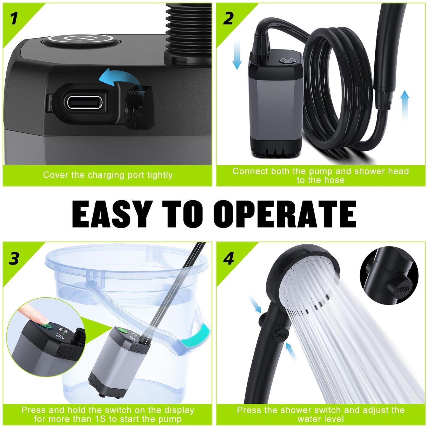 Spopal Portable Shower for Camping, [Long-Lasting] 6000mAh Rechargeable(GY)