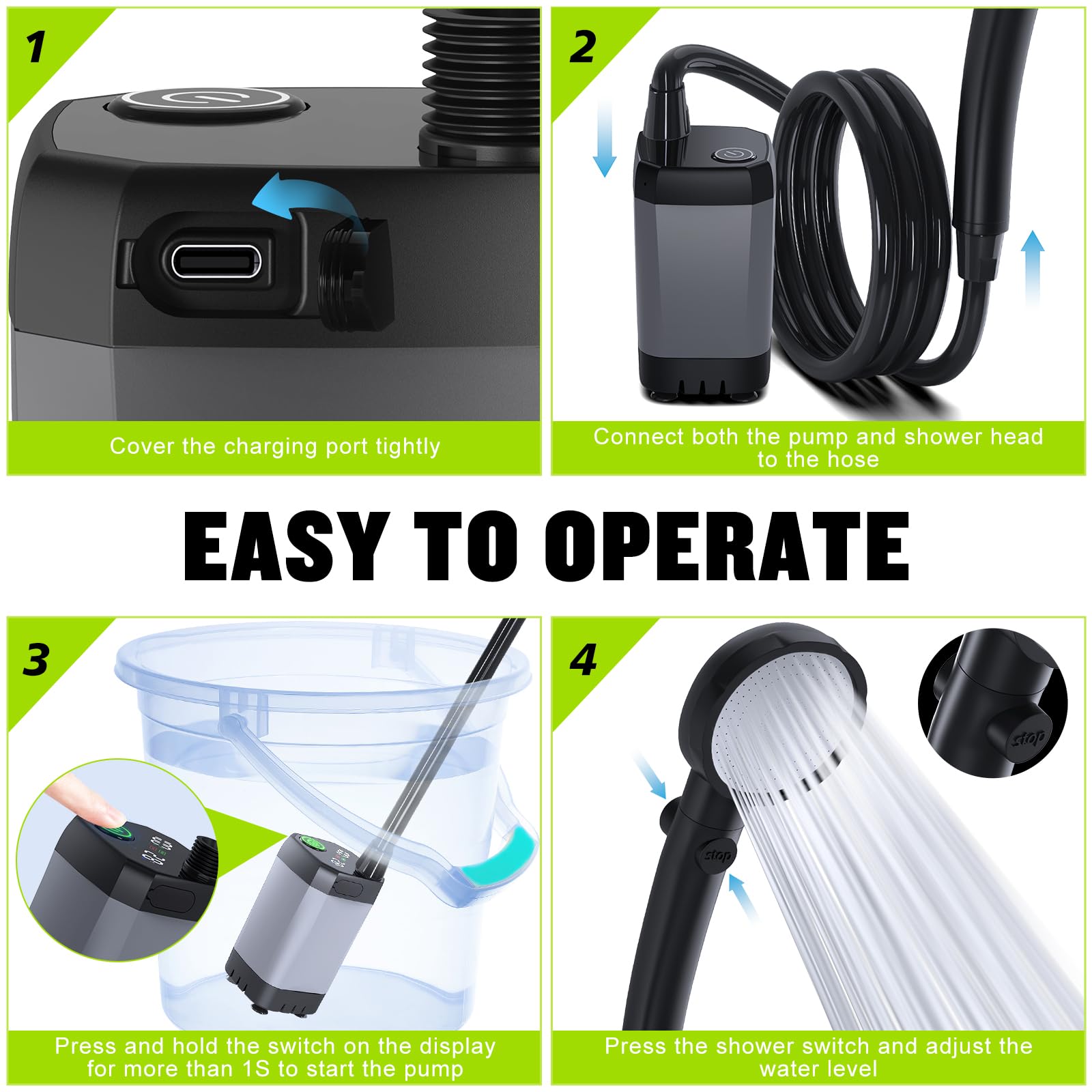 Spopal Portable Shower for Camping, [Long-Lasting] 6000mAh Rechargeable(GY)