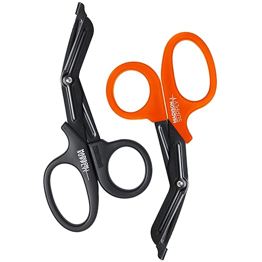 Madison Supply Medical Scissors - 7.5 Inch Stainless Steel Trauma Shears - Fluoride-Coated Non-Stick Scissors for EMT, Nurses, and First Aid Kits - 2 Pack, in 2 Colors, Black, Orange