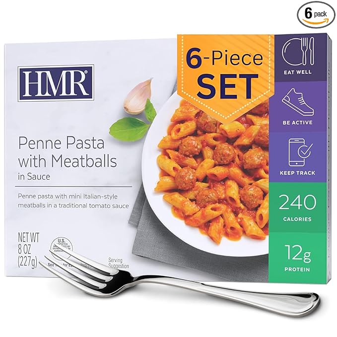 HMR Penne Pasta with Meatballs Entrée | Pre-packaged Lunch or Dinner to Support Healthy Eating | Ready to Eat | 12g of Protein | Low Calorie Food | 8oz Serving per Meal | Pack of 6