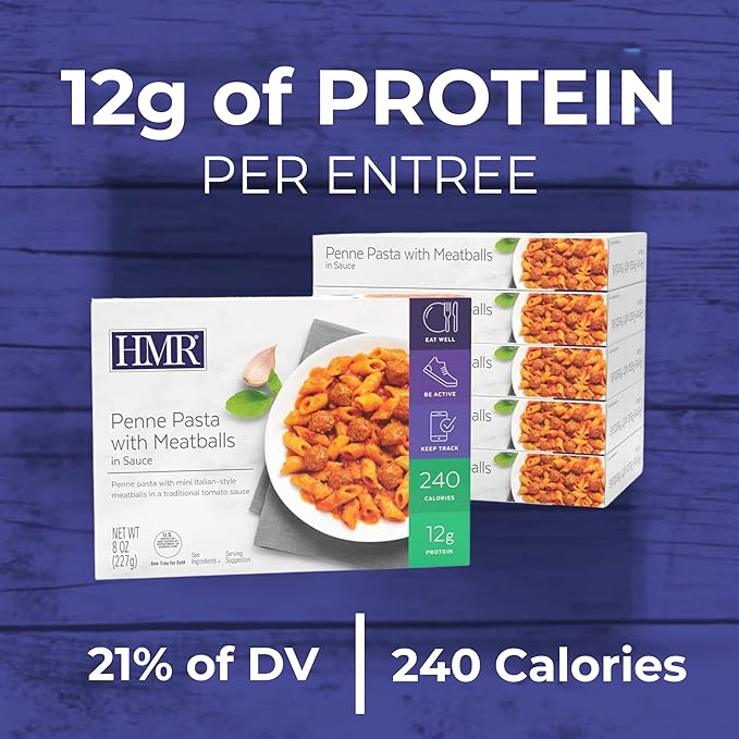 HMR Penne Pasta with Meatballs Entrée | Pre-packaged Lunch or Dinner to Support Healthy Eating | Ready to Eat | 12g of Protein | Low Calorie Food | 8oz Serving per Meal | Pack of 6