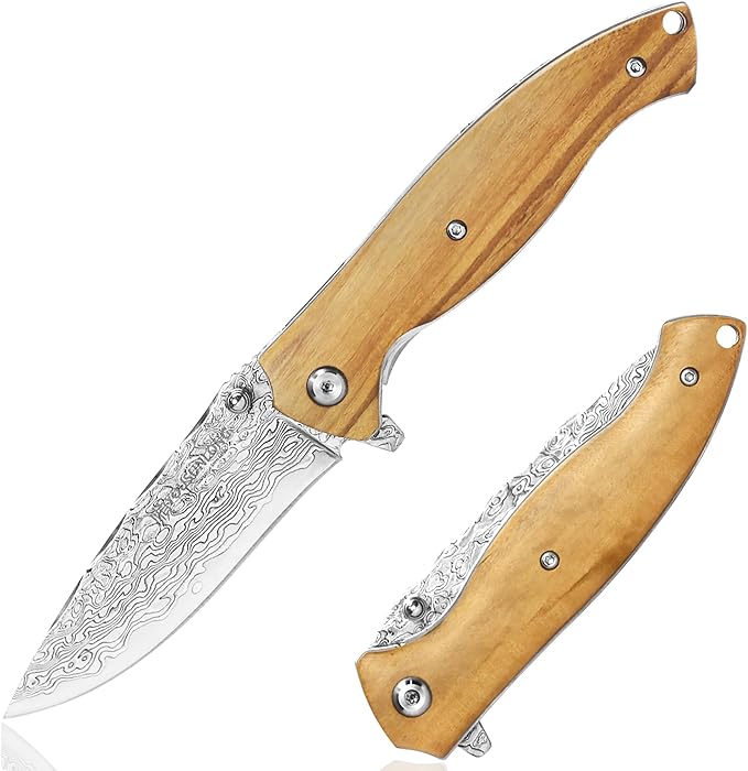 YOUSUNLONG Folding Knife Overall 191mm Pocket Knife - Hammered Damascus Steel Blade - Natural Italian Olive Wood Handle