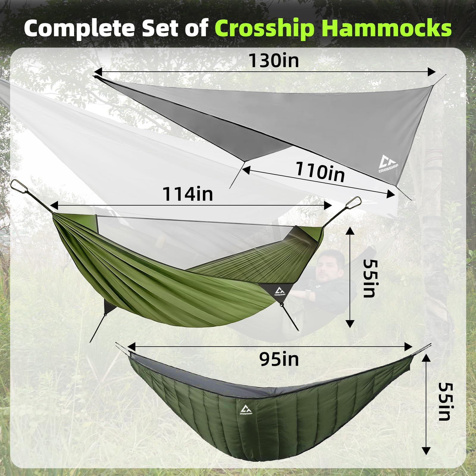 CROSSHIP Camping Hammock with Mosquito Net, Underquilt & Rain Fly Tarp