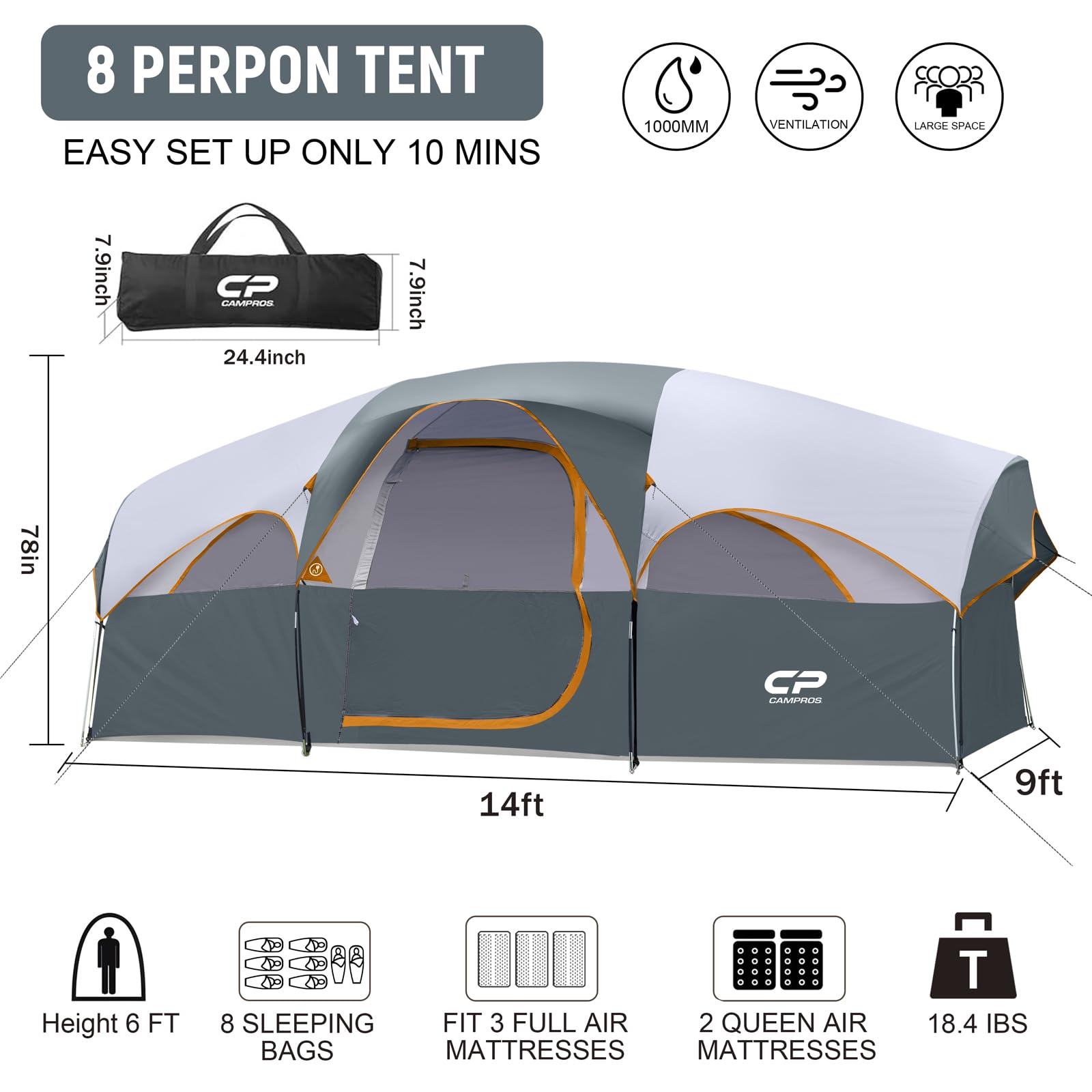 CAMPROS CP 8 Person Camping Tent, Room Divider, Rainfly, Weather Resistant