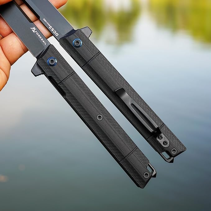 Flipper Pocket Folding Knife,DC53 Steel Blade and G10 Handle. With pocket clip and glass breaker,men's pocket knife hiking trip EDC tool Knife (Black PVD Blade)