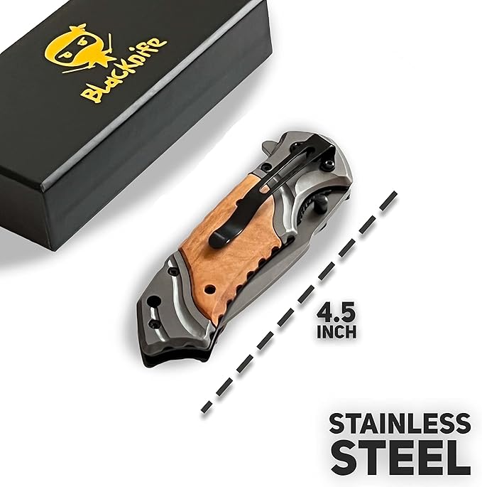 BlacKnife Pocket Knife For Men, Folding Pocket Knife with Wooden Handle and Clip – Stainless Steel and Ideal Knife for Camping, Hunting, DIY, (Plainknife)