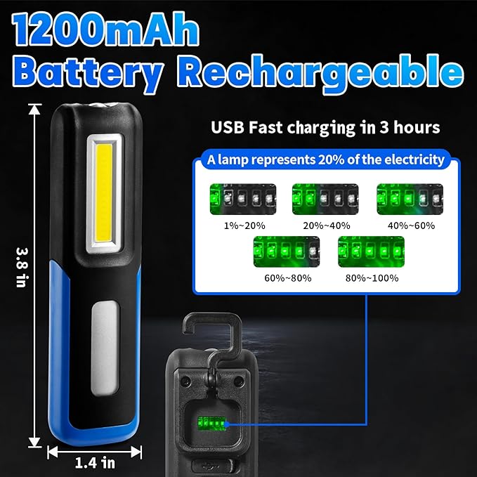 Work Light, 1000 Lumens Bright LED Work Lights, Rechargeable Work Light for Mechanics Portable& Cordless, with Rotate Magnetic Base&Hooks, Mechanic Light for Car Repair/Inspection/Workshop