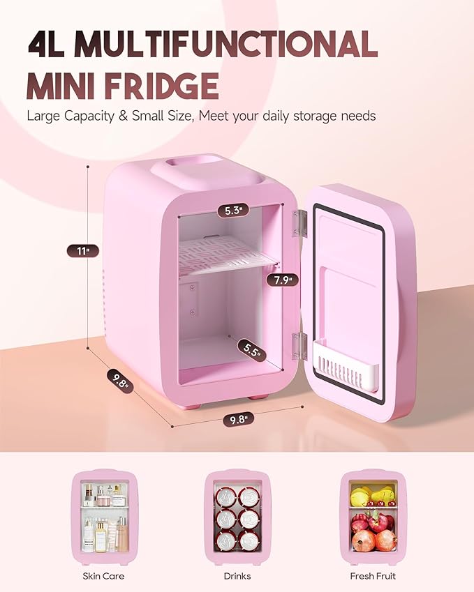 Skincare Fridge with Dimmable LED Light Mirror,4 Liter/6 Can Mini Fridge Skincare for Bedroom,Office, Car, Dorm,Cooler and Warmer, Portable Mini Fridge for Skin Care, Cosmetics, Food,Pink