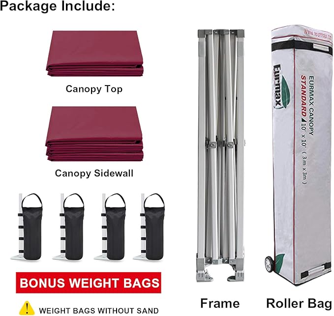 Eurmax USA 10'x10' Pop-up Canopy Tent Commercial Instant Canopies with 4 Removable Zipper End Side Walls and Roller Bag, Bonus 4 SandBags(Burgundy)