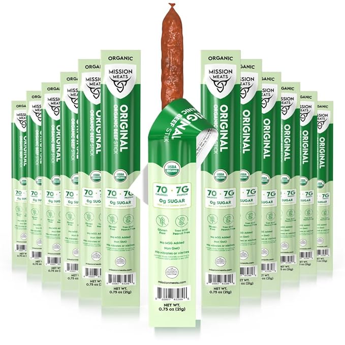 Mission Meats 100% Certified Organic Beef Sticks – Pasture-Raised, Zero Sugar, Non-GMO, Healthy Individually Wrapped Meat Sticks Snack, 0.75oz (24 Count)