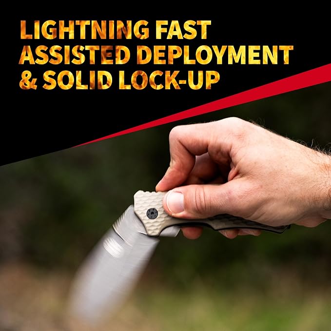 Off-Grid Knives - Rapid Fire Stinger, Assisted Spear Point Blade, Hard Use Build, Tactical, Camping & Survival EDC, Cryo D2 Steel, G10 Scales, Deep Pocket Carry (Coyote)