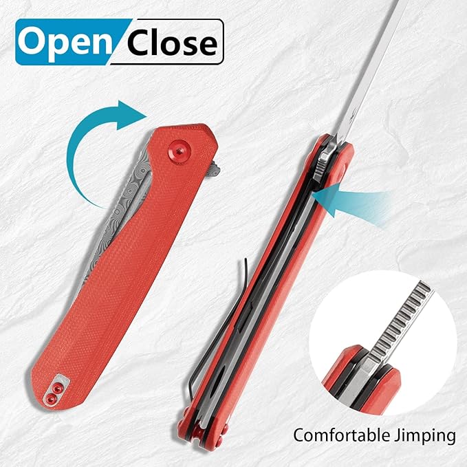 KANSEPT Qilin Pocket Knife,3.24'' Damascus Sharp Blade, Red G10 Handle for Edc, Flipper and Liner Lock with Double-Sided Clip, Men Camping Survival Folding Knives K1047A1