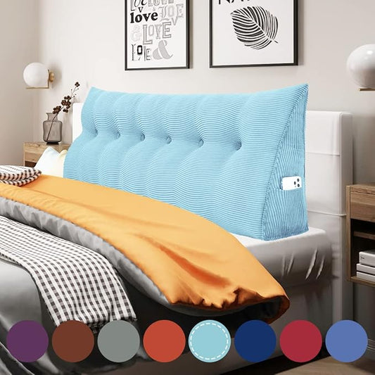 13 lbs Thickened Wedge Pillow Headboard Body Positioner Triangular Reading Pillow Bed Bolster Pillow for Sitting in Bedwith Removable Cover Backrest Sky Blue California King