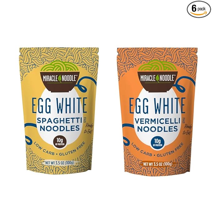 Miracle Noodle Egg White Pasta Variety Pack, 3.5 Oz (Pack of 6), Spaghetti, Vermicelli, Ready to Eat Egg White Noodles, 10g Protein, 45 Calories, 1g Net Carbs Per Serving, High Protein, Keto, Gluten-Free