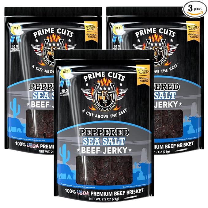 Prime Cuts Peppered Sea Salt Beef Jerky | USDA Prime Brisket | Classic Black Pepper and Sea Salt Flavor | High-Protein, Low-Fat Snack | No Artificial Ingredients | Perfect Anytime