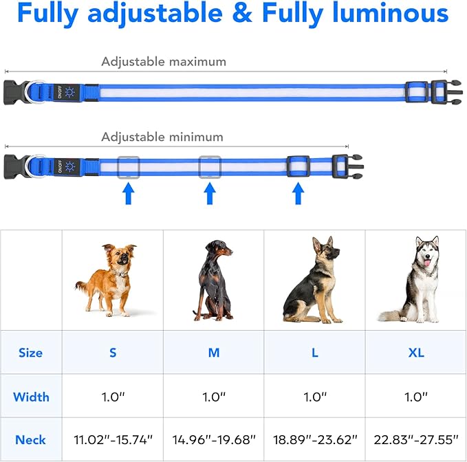 Vizpet LED Dog Collar, Light Up Dog Collar Adjustable USB Rechargeable Super Bright Safety Light Glowing Collars for Dogs(X-Large,Blue)