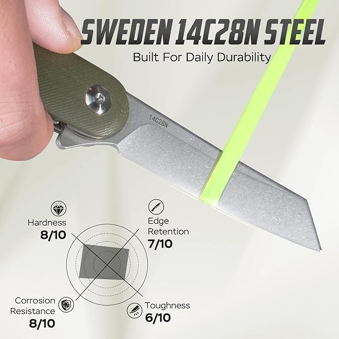 Folding Pocket Knife with Leather Sheath, 2.79??14C28N Steel Blade Micarta Handle Flipper Liner Lock Small EDC Folding Knife, Sharp Camping Hunting Outdoor Survival Knives for Men Women (Green)