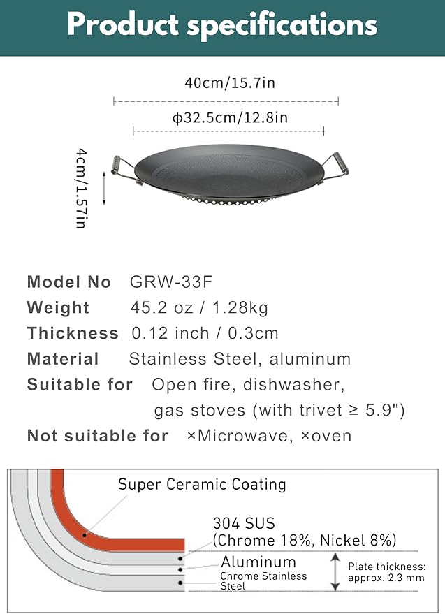 camping moon BBQ Grill Pan Dia 12.8-inch Round Griddle 3-Ply Composite Steel Nonstick Foldable Handle for Open Fire Gas Stove Outdoor & Indoor Use GRW-33F