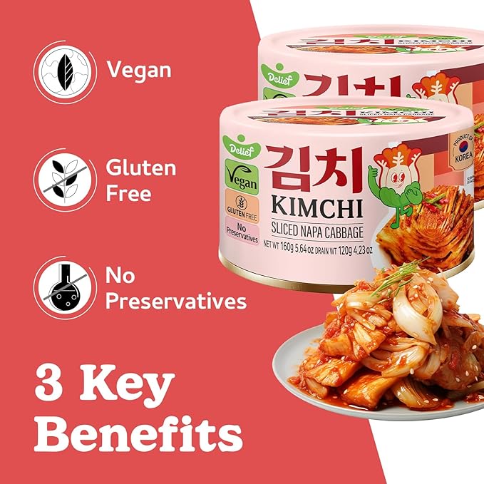 DELIEF Sliced Spicy Kimchi - Authentic Korean Napa Cabbage, Vegan, Gluten-Free, Shelf-Stable Canned, No Preservatives, 5.64 oz/160 g (4 Packs)