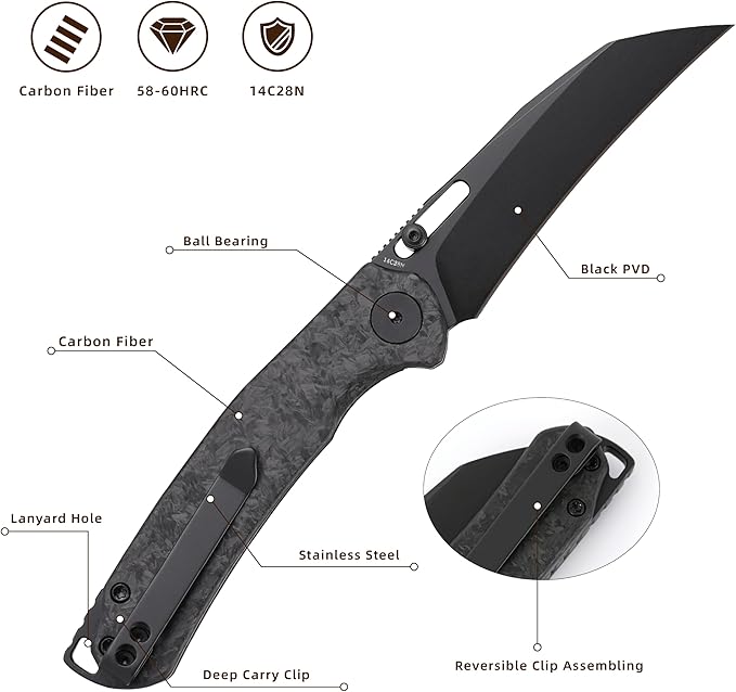 Folding Pocket Knife, 3.1" Stonewash Blade EDC Knife with Safety Liner Lock, Small Pocket Knife with Clip for Men, Sharp Camping Hiking Hunting Survival Knives