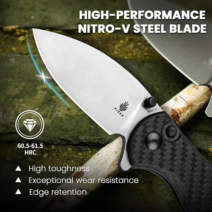 Kizer Mini Grouper Folding Pocket Knife, Nitro-V Steel Blade G10 Handle Small EDC Knife, Button Lock Knife with Pocket Clip for Men Women, Sharp Camping Hiking Survival Knives V3669A1