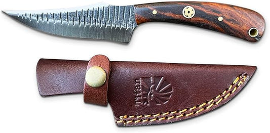 Titan International Knives Handmade Skinning Knife Carbon 1080 Steel | Fixed Blade Knife Color Coated Hand Pounded |Walnut Wood Handle with Leather Sheath | Perfect for Camping and Outdoor Activities