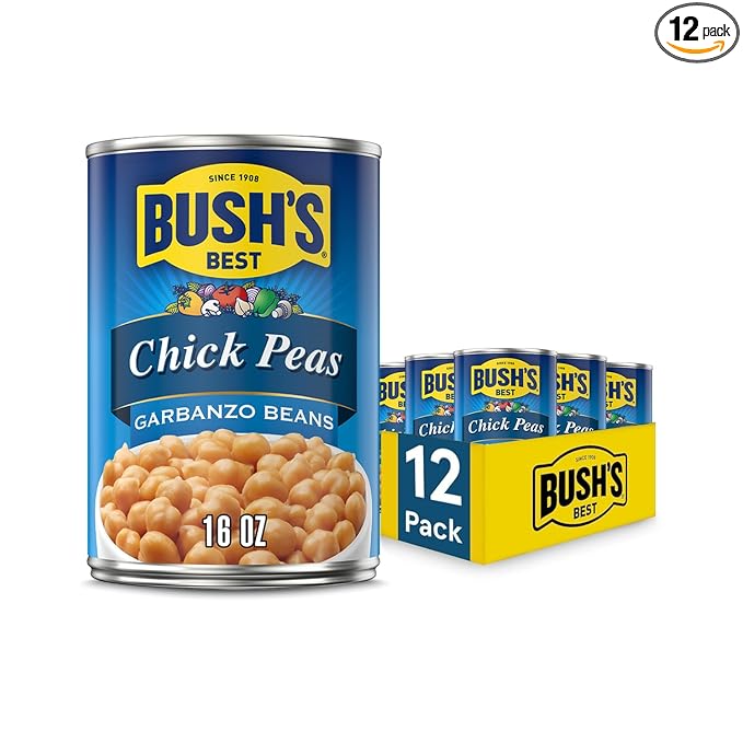 BUSH'S BEST 16 oz Canned Garbanzo Beans (Chickpeas), Source of Plant Based Protein and Fiber, Vegetarian, Low Fat, Gluten Free, (Pack of 12)