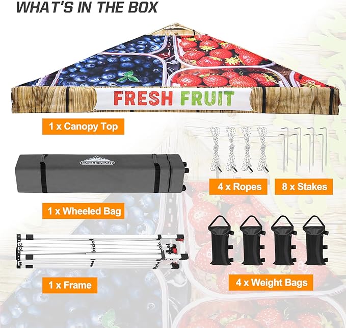 EAGLE PEAK Pop Up Canopy Tent with Wheeled Carry Bag, 8 Stakes, 4 Ropes, 4 Weight Bags, Easy Set Up Tent Canopy, 10x10 ft, 100sqft of Shade, Fruit Stand