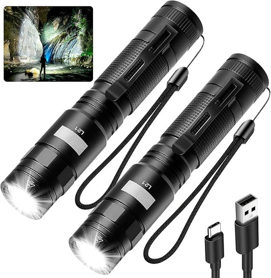 L21 2PCS Rechargeable Flashlight Super Bright 3000 High Lumens, 5 Modes Pocket Flashlight USB-C, Compact Flashlights for Emergency, Home (Black-2)