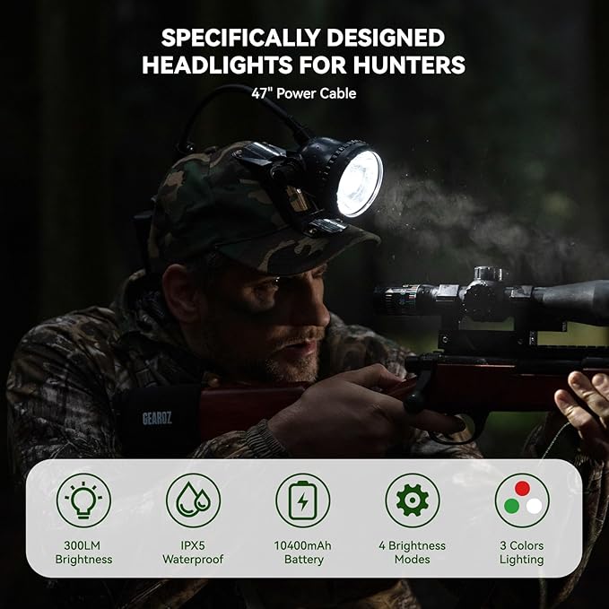 10W LED Coon Hunting Lights for Predator Coyote Hog, 55000 LUX Super Bright Hunting Headlamp Rechargeable, IPX5 Waterproof White Light & Red/Green Optical Filters, 5 Position Switch Soft Cap