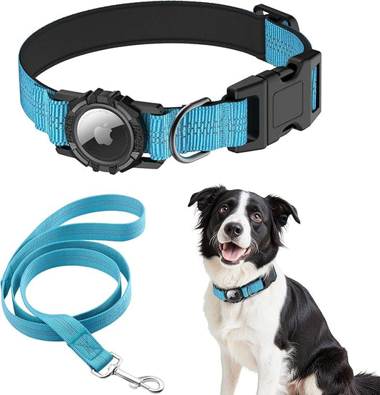 AirTag Dog Collar and Leash, IP68 Waterproof Integrated with Reflective, Ultra-Durable, Comfortable Padded, Heavy Duty Dog Collars for Small Medium Large Dogs, L (14.8"-20.3"), Blue