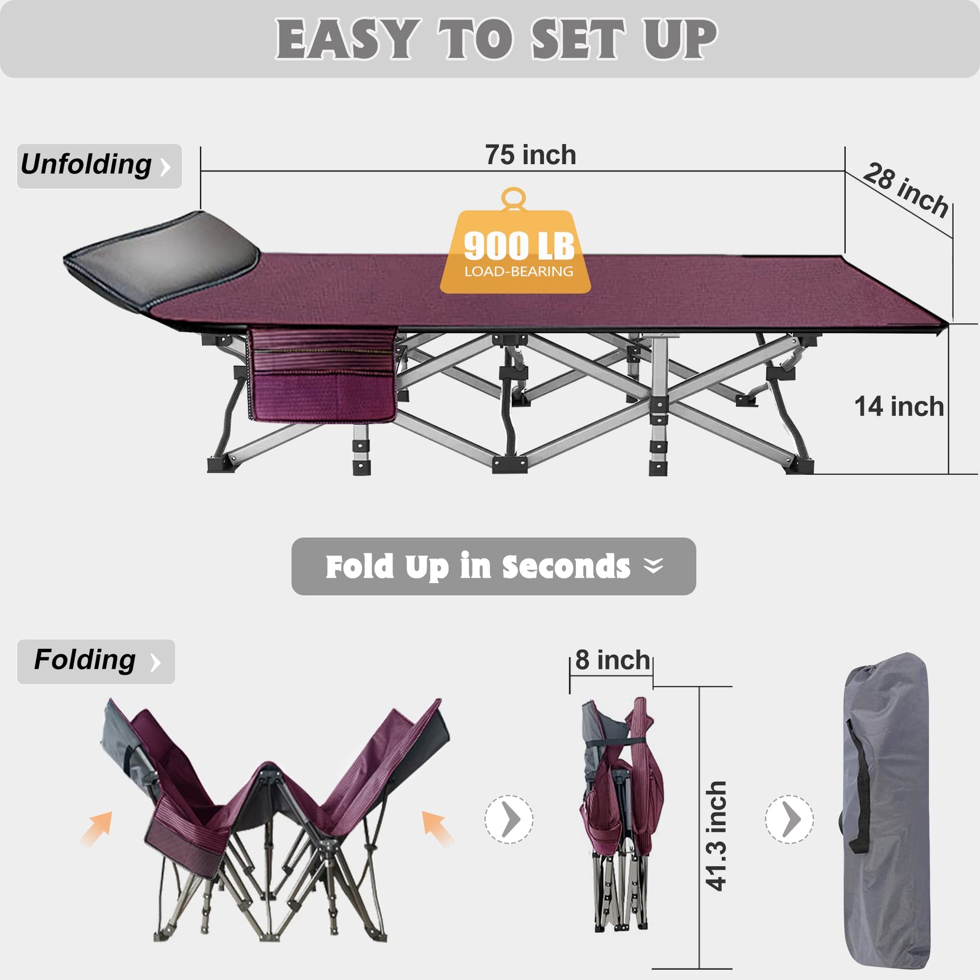ABORON Camping Cot for Adults, 28 in Wide Folding Bed with Mattress