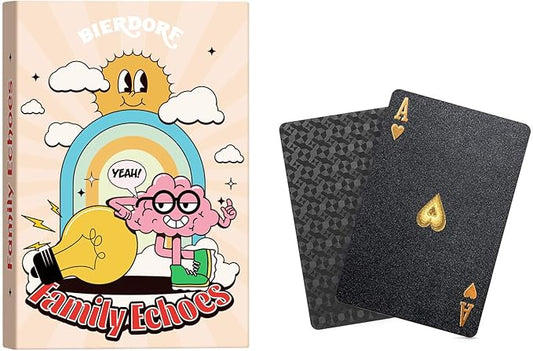 BIERDORF 2 Pack Waterproof Black Plastic Playing Cards & Family Echoes Conversation Cards - Durable, Portable Decks & Fun Relationship-Building Game for Families Members