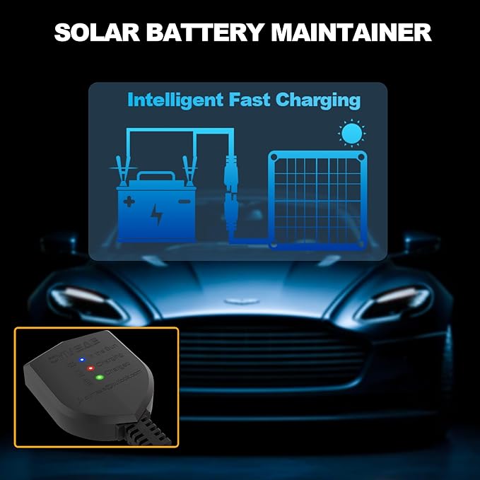 OYMSAE 7.5W 12V Blue Solar Panel Portable Waterproof Trickle Battery Charger & Maintainer for Car Boat RV with Cigarette Lighter Plug & Alligator Clip