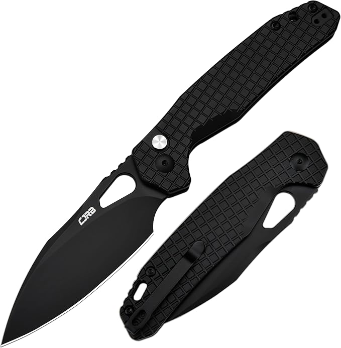 CJRB Frack Pocket Knife, 3.9" AR-RPM9 Steel Blade PVD Coating Frag Pattern Steel Handle EDC Knife, Button Lock Knife for Outdoor Camping Gift, Black (J1931)